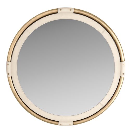 Asmara Brass/Leather Round Wall Mirror, Gold/Cream