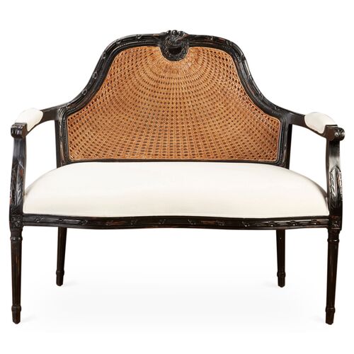 Serena Cane Settee, Black/White Linen~P77203118